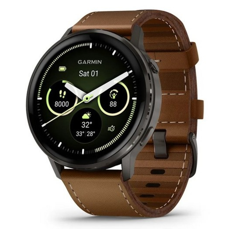 умные часы watch garmin venu 4 45 mm slate black leather brown 010-03014-03